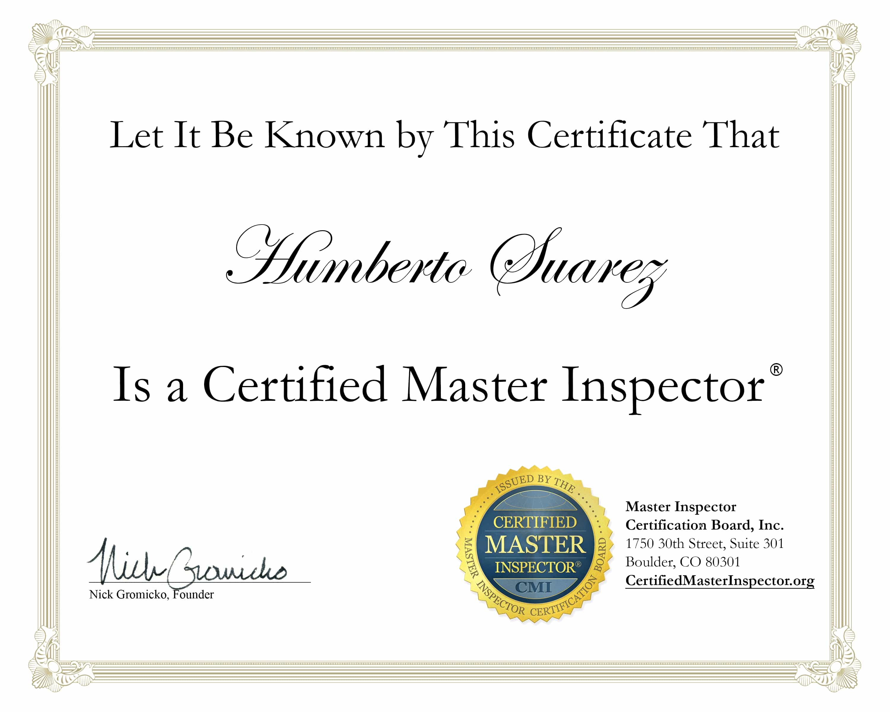Certified Master Inspector Certificate